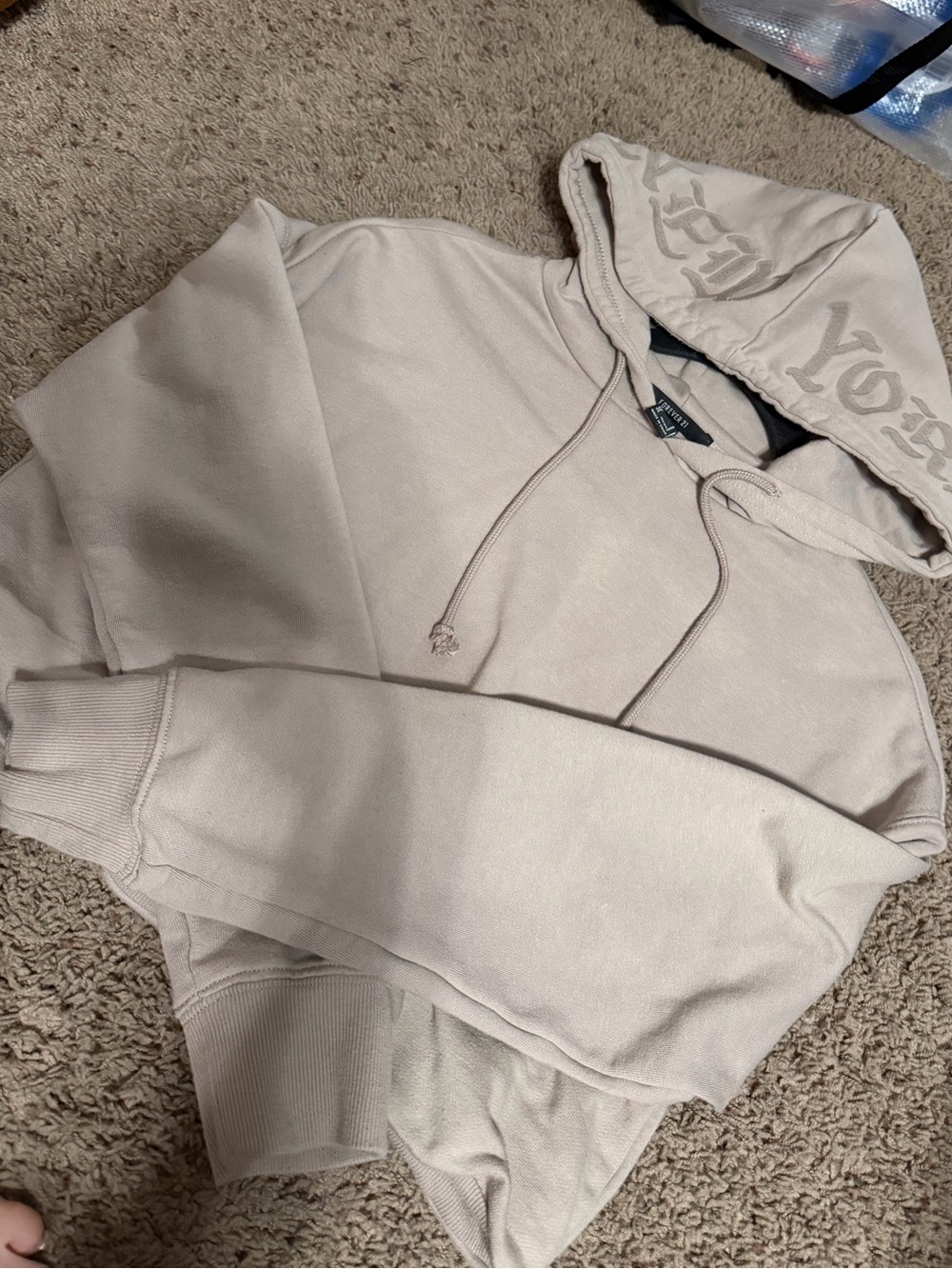 Forever 21 Neutral Beige Cropped Hooded Sweatshirt
